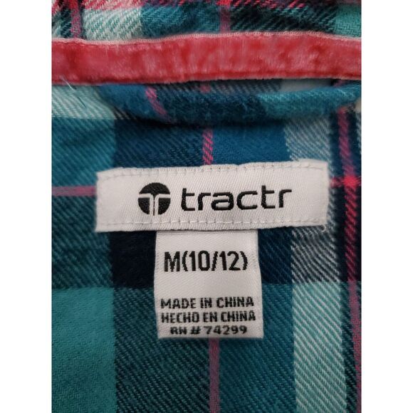 Tractr Long Sleeve Button Up Shirt Youth Medium Blue Plaid Pocket Pearl Snap - Picture 5 of 12